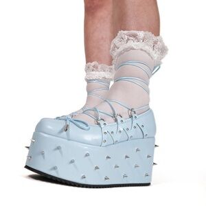 Kio Footwear baby Blue Platform Shoes with all spikes and lace up sz us 10